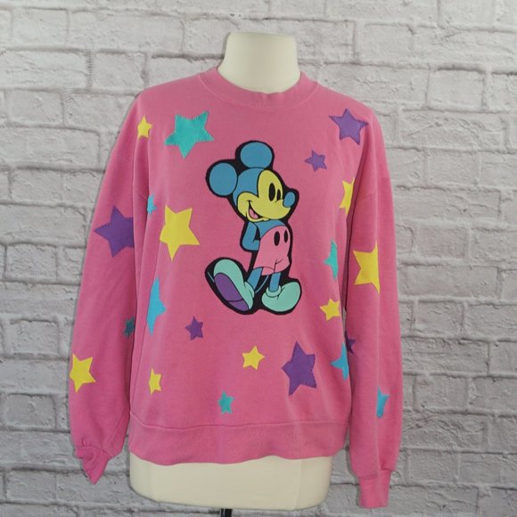 Vintage 90s Reworked Disney Mickey Mouse Star Applique Patch Pullover Sweatshirt - Picture 1 of 8